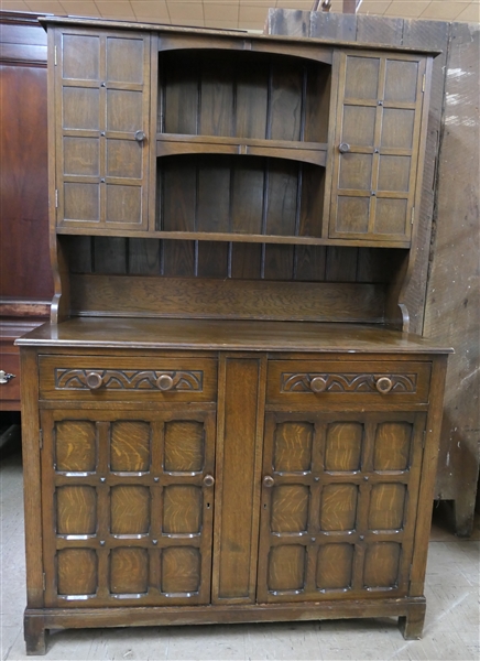 Harrison Gibson Ltd. Ilford - Gothic Style Oak Offset Cupboard with Paneled Doors - 2 Dovetailed Drawers One Silver Drawer- Over 2 Doors and Top Has Open Center and 2 Blind Doors - Measures -65...