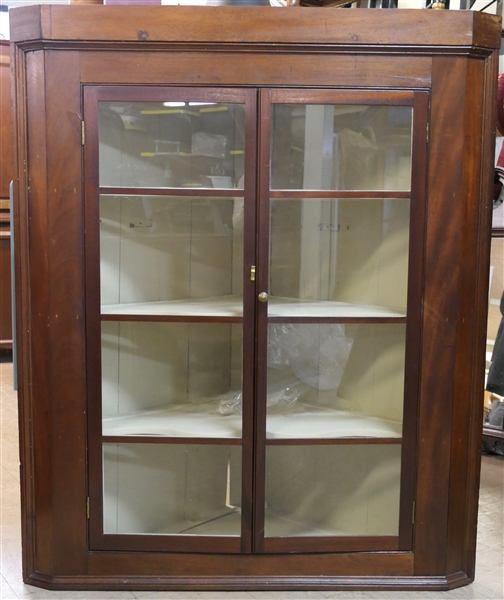 Circa 1820 Allegany County North Carolina Hanging Corner Cupboard  - Scalloped Shelves - Doors with 8 Glass Panes - Measures 51" Tall 42" by 21" Deep - Small Split Area Near To Hinge
