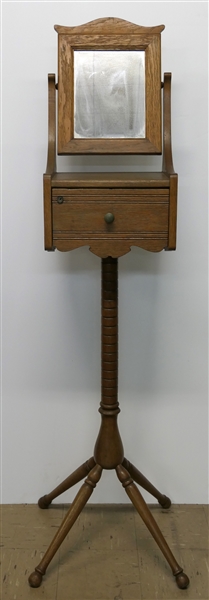 Unusual Oak Shaving Stand with Mirror and Drawer - Measures 60" Tall 13" by 10" 
