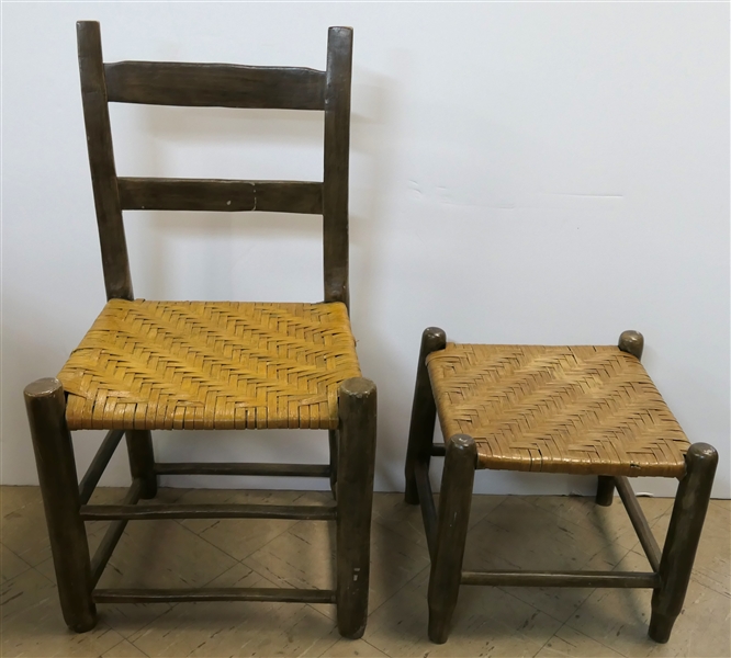 Country Primitive Ladder Back Chair and Foot Stool - Oak Split Seats - Stool Measures 12" Tall 14" by 14"