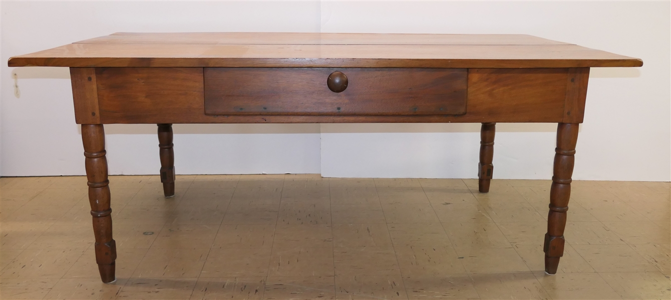 Circa 1840 Allegany County North Carolina Walnut 2 Board Top Table - Pegged Construction - Stretchers Have Been Removed From Bottom - Turned Legs - Single Drawer On One Side Top Boards Measure 18"...
