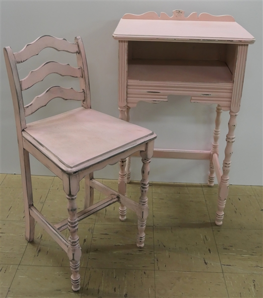 Very Cute Dainty Vintage Telephone Table and Chair - Pink Distress Painted - Table Measures 29" Tall 18" by 13"