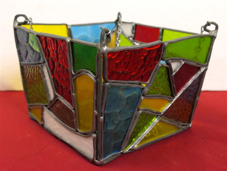 Colorful Leaded Glass Hanging Candle Holder - Measures 5 1/2" Tall 7" by 7" 