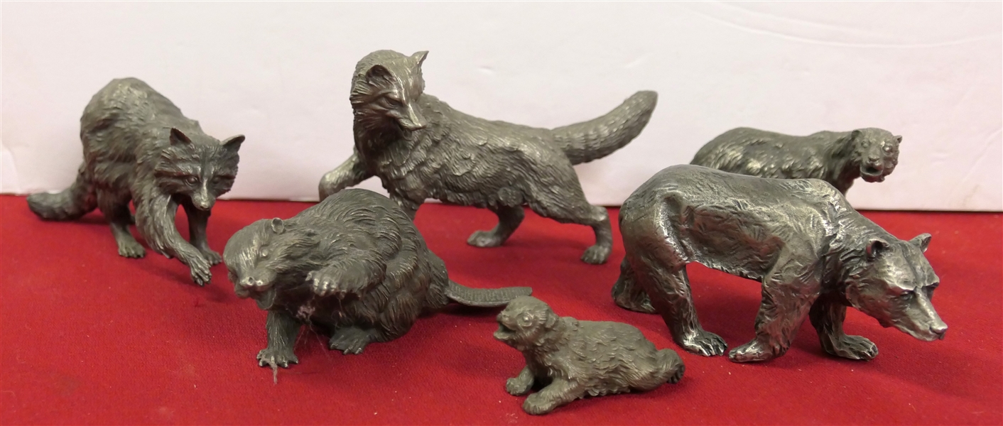 6 Wallace Pewter Animals - Beaver, Fox, Bears, and Racoon - Fox Measures 3" Tall 5" Nose to Tail 
