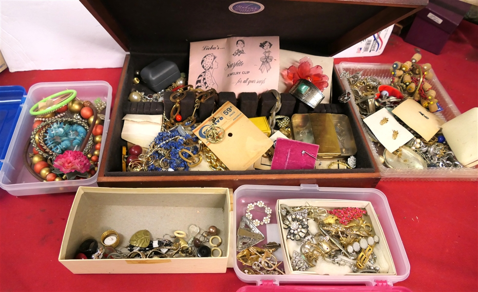 Large Lot of Costume Jewelry in Silverware Box - Jewelry includes fun Cork Necklace, Clip on Earrings, Bracelets, Rhinestones, and More