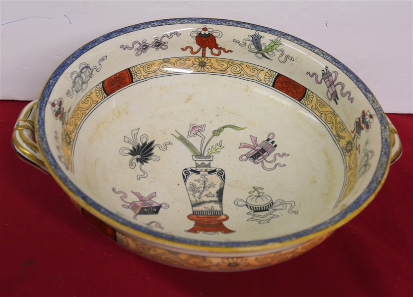 Ironstone Transferware Footed Bowl with Asian Vases and Ribbons - Measures 4 3/4" Tall 10 1/4" Across