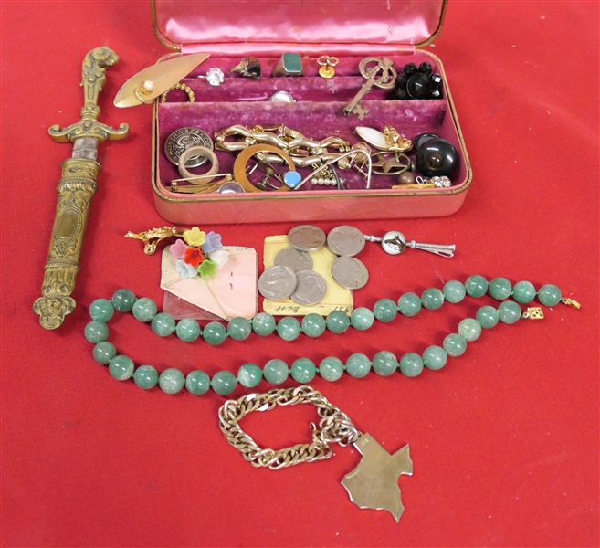 Nice Lot of Jewelry including Sterling Horse Crop Pin, Hand Knotted Jade Beads, Brass Dagger, Signet Ring, Buffalo Nickels, Monet Bracelet, and Cigarette Holder