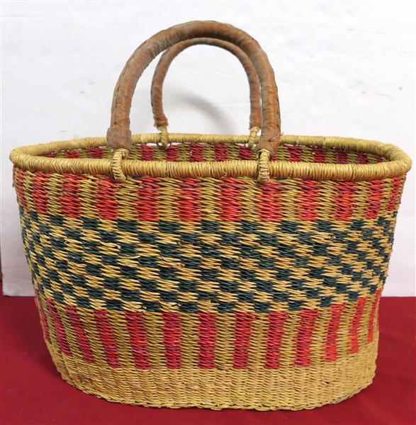 Handmade Woven Market Basket with Leather Handles Measures 10" tall 17" by 11"