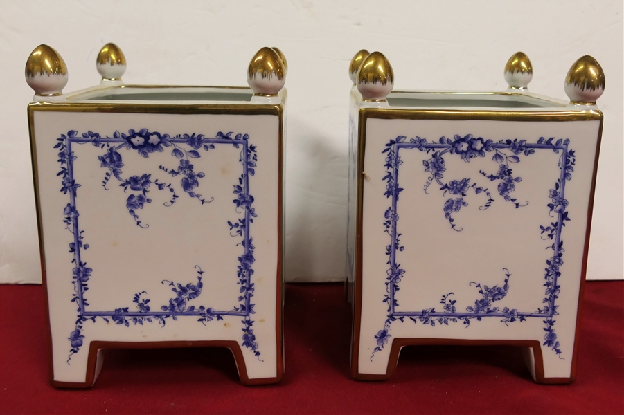 Pair of Beautiful Chelsea House Blue Floral Rectangular Planters with Gold Trim - Each Measures 8" Tall 6" by 6"