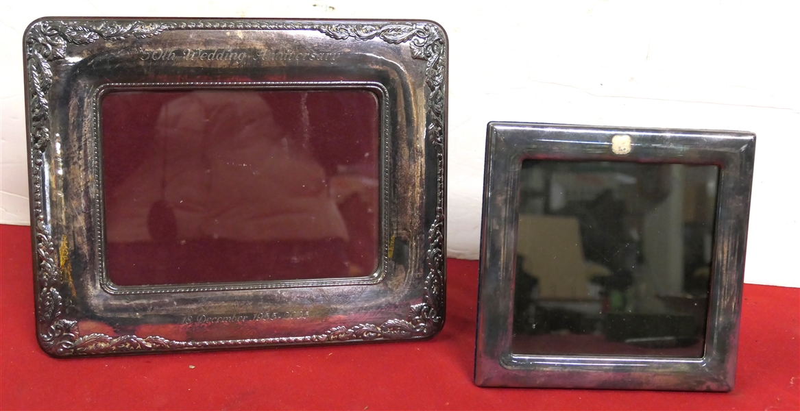 2 Sterling Silver Picture Frames Largest is Engraved - Measures 8 1/4" by 10 1/2" Smaller Square Frame Measures 6 1/2" by 6 1/2"
