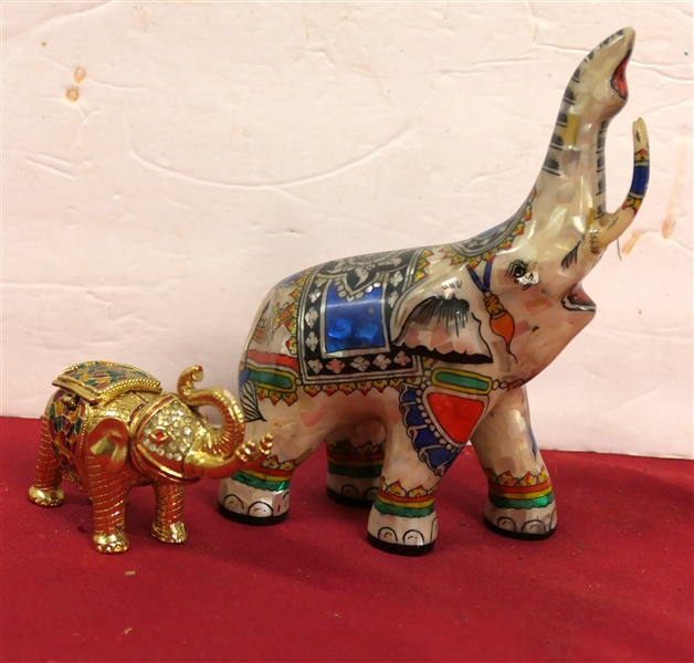 2 Elephant Figures - Hand Decorated Abalone Inlaid and Gold Tone Enameled Trinket Box - Abalone Elephant Measures 6 1/2" Tall 