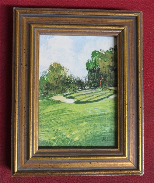 Richard K. Calloy - Himsdale, IL Miniature Oil on Canvas Painting of Golfing Scene - Framed - Frame Measures 4 1/2" by 3 1/2"