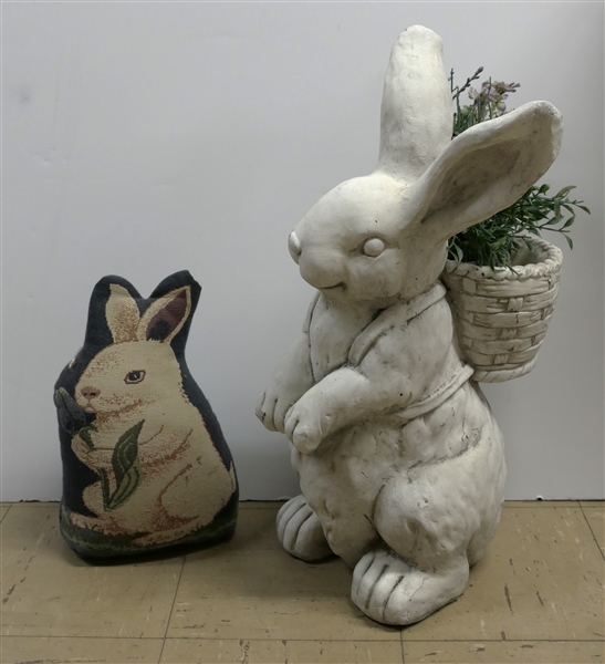 Composite Rabbit Planter with Faux Flowers and Plush Rabbit Weighted Door Stop - Rabbit Planter Measures 23" Tall 