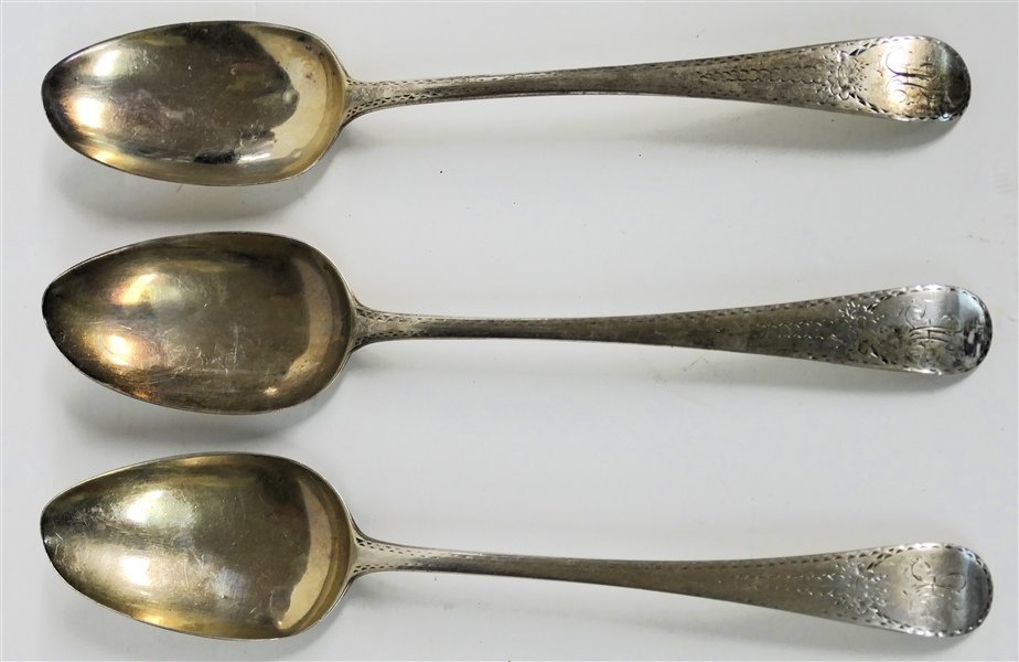 3 -1783 Richard Crossley British Hallmarked Coin Silver Table Spoons - Hand Engraved with "H" Monogram - Each Spoon Measures 8 5/8" Long - 186.4 Grams Total Weight