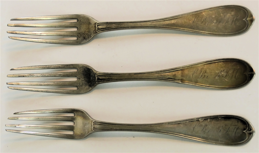 3 - M.W. Galt & Bro - Coin Silver Forks - M.W. Galt & Bro - Circa 1879 - Alexandria, VA  - Each Fork Measures 7 1/2" Long  -Weigh 170.6 Grams