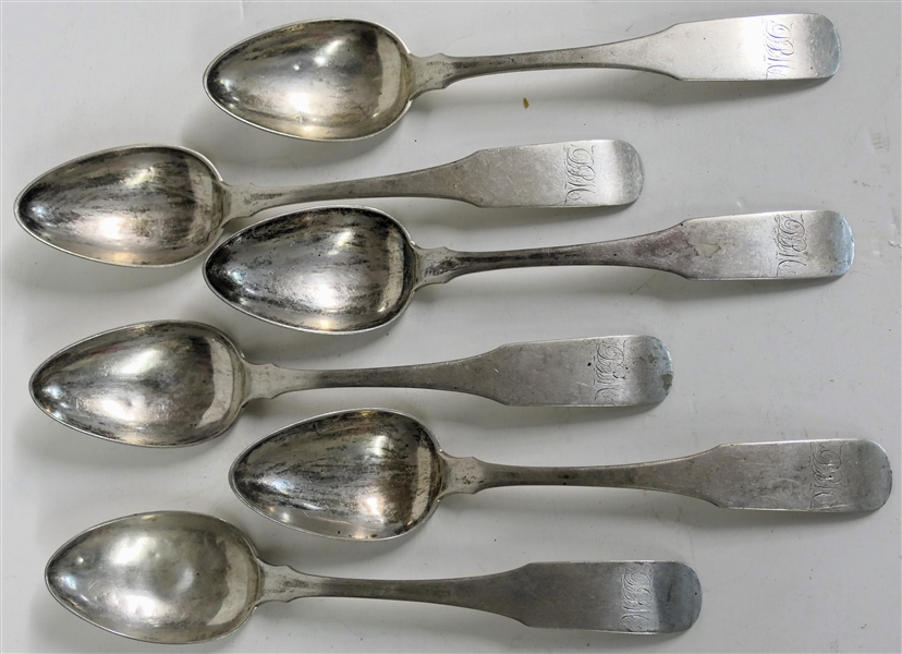 6 - S. Kirk Coin Silver Spoons - Baltimore Silversmith - 1828-1846 Mark - Each Spoon is Monogramed "DBM" and Measures 7" - Total Weight 168.2 Grams