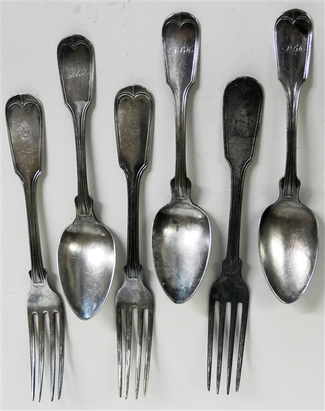 6 - Mitchell & Tyler Richmond, Virginia Silversmith (1845-1866) Coin Silver - Fiddle Handle Utensils - 3 - 7 3/4" Forks and 3 - 7" Spoons - Each Fork is Monogramed "CV" and Spoons Monogramed "DBW"