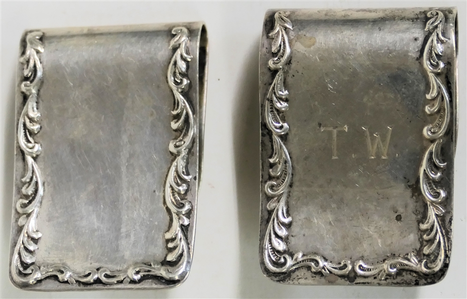 2 - S. Kirk & Son Sterling (1925-1932) Money Clips - One is Engraved "TW" Pattern Number 27 - 35.6 Grams Total Weight 