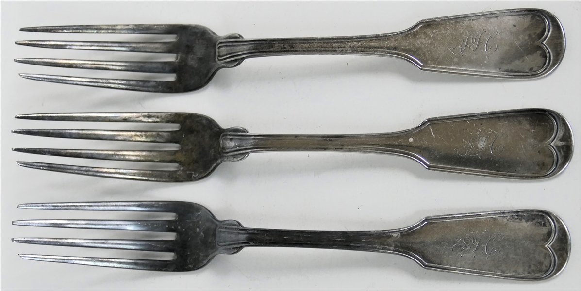 3 - C.H. Zimmermann Coin Silver Forks - New Orleans Silversmith (1861 - 1871) - Each Fork is Monogrammed "JH" and Measures 7 5/8" Long - 159.1grams Total Weight 