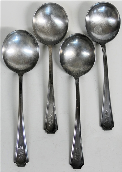 4 - Sterling Silver Soup Spoons Retailed by  E. P. Sangston of Danville, VA - Each Spoon is Monogrammed "DRW" and Measures 6 3/4" - 183.1 Grams Total Weight 