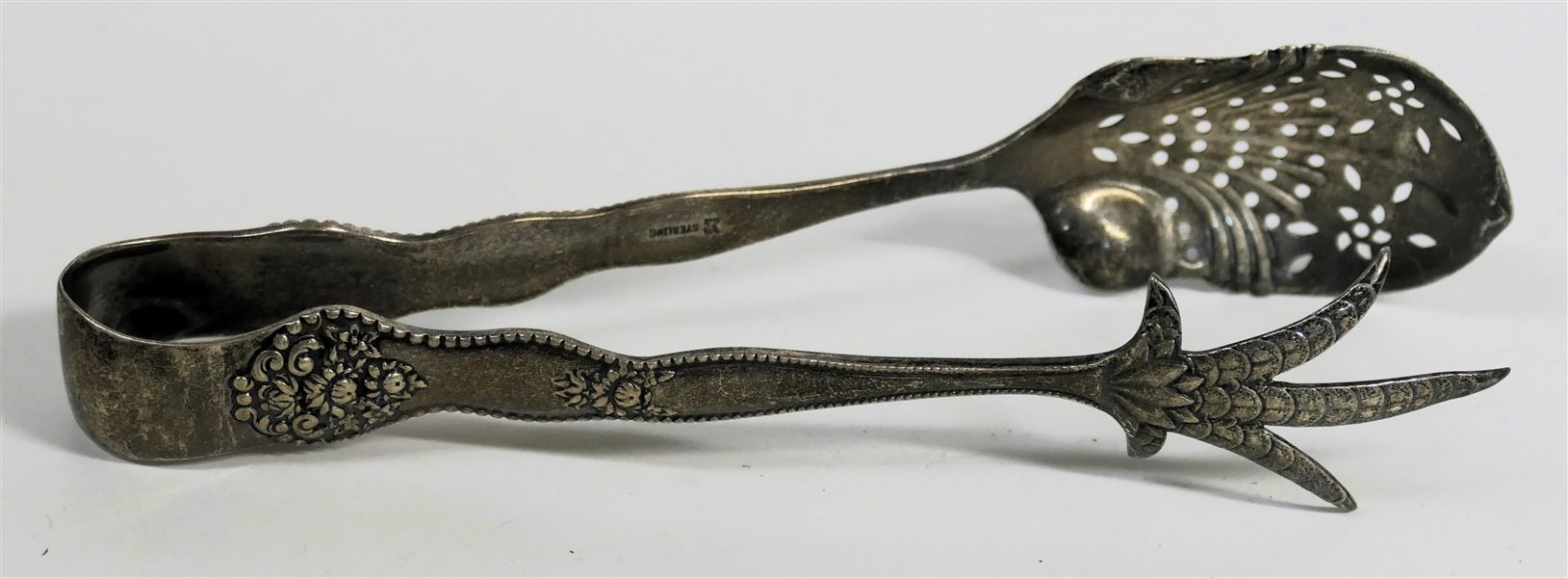 Very Ornate Antique Sterling Silver Ice Tongs with Bird Claw - Beaded Details - Measure 6 3/4" Long  57.3 Grams Total Weight 