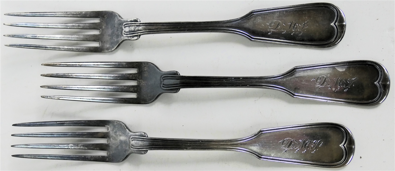 3 -T.W. Brown Sterling - Fiddle Handle Forks -Thomas William Brown - New Hanover County, NC Silversmith Circa 1850 - Each Fork Measures 7 1/2" Long and Is Monogrammed "DMP"163.0 Grams Total Weight