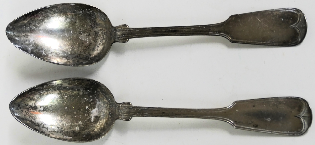 2 - Ball, Tompkins, & Black Fiddle Handle Table Spoons - Coin Silver - New York Silversmiths - 1848-1851 - Each Spoon Measures 8 1/4" and is Monogrammed "MEA" - 126.1 Grams Total Weight