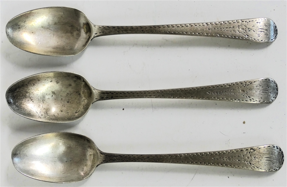 3 - 1783 Richard Crossly British Hallmarked Sterling Silver Coffee Spoons - Hand Engraved with "H" Monogram - Each Spoon Measures 4 3/4" Long - 43.2 Grams Total Weight