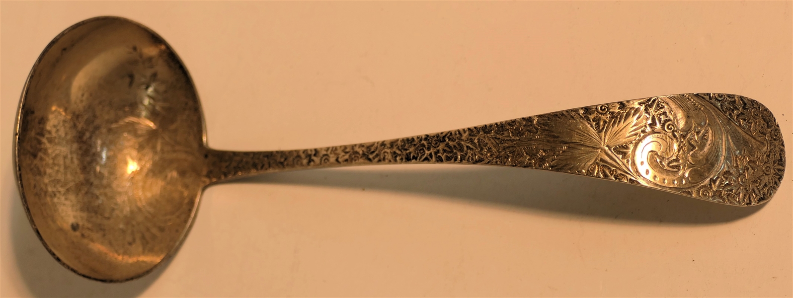 Heavily Engraved Sterling Silver Ladle - Lots of Scrolling and Leaves - Back of Handle is Monogramed "HDH" - Ladle Measures 6" Long Weighs 60.3 Grams