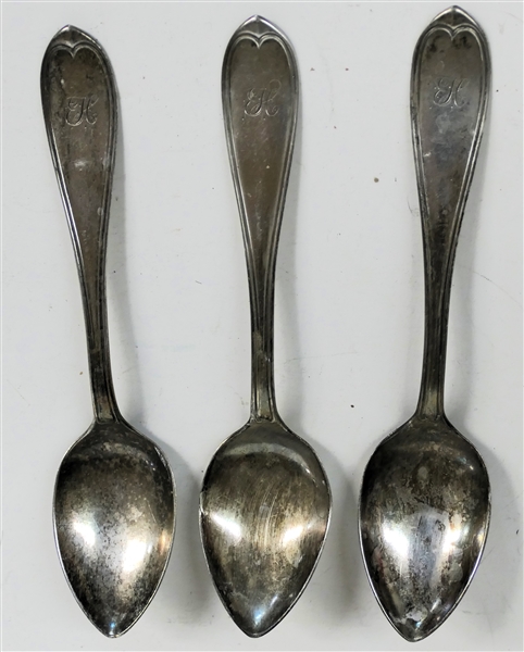 3 Cassidy & Ball Coin Silver Spoons Philadelphia Makers -Marked Cassidy & Ball No. 12 S 2nd St. - Each Spoon is Monogrammed and Measures 5 3/4" Long  - 64.2 Grams Total Weight