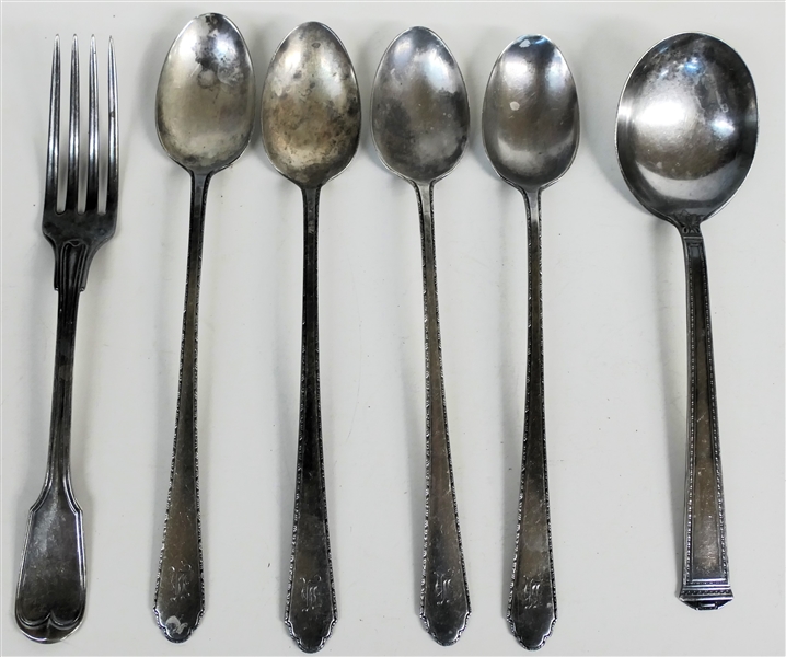 6 Pieces of Sterling Silver including 4 Iced Tea Spoons Marked Treasure - Monogrammed "H", Sterling Fiddle Handle Fork Marked R.G. Griswold & Co, and Sterling Soup Spoon - 212.2 Grams Total Weight