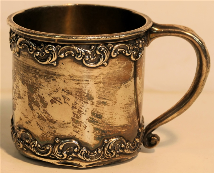 Bailey Banks & Biddle Sterling Silver Mug with Scrolled Designs - Number A4547 - Gold Washed Interior - Bottom Of Mug is Dented - Measures 3" Tall 168.2 Grams Total Weight