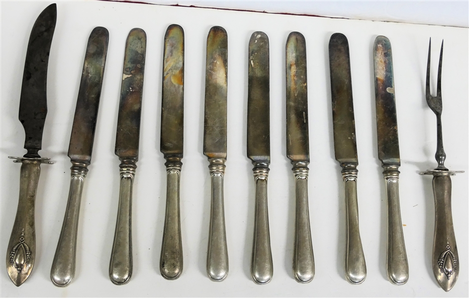 10 Dinner Knives with Sterling Silver Handles