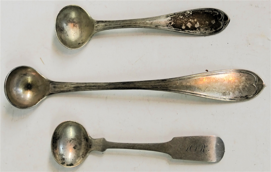 3 Coin Silver Master Salt Spoons - Gilbert, New York Silversmith Measuring 5 3/8", S.S. Purple Signed Coin Silver Master Salt Spoon Measuring 3 5/8", and J.E.H. W Allen Coin Silver Fiddle Handle...