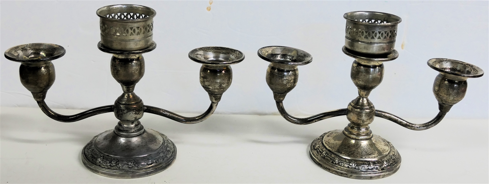 Pair of Revere Silversmiths Sterling Silver Weighed 3 Light Candelabras - Pattern Number 1411 - Each Measures 5 1/2" Tall 8" Across - Center Candle Holder on Each Has Removable Pierced Insert 