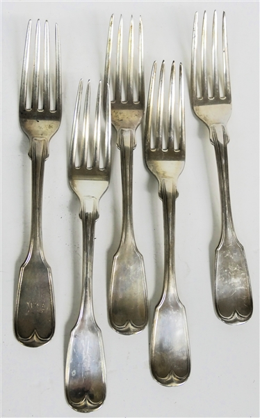 5 - Bailey & Co. T & L Coin Silver Fiddle Handle Forks - Bailey & Co - Taylor & Lawrie - Philadelphia -(1852-1862)  -One Fork is Monogramed -  Each Fork Measures 7 3/4"  Long - 300.9 Grams Total...