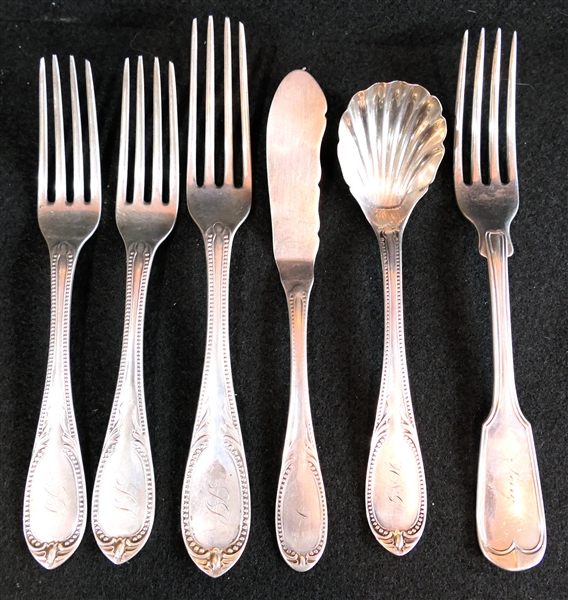 6 Pieces of Mitchell & Tyler Richmond Virginia Coin Silver (1845-1866) - 1 - Fiddle Handle Fork Engraved "Perry" and 3 Forks, 1 Fish Knife and 1 Spoon with Beading on Handles - Sugar Spoon with...