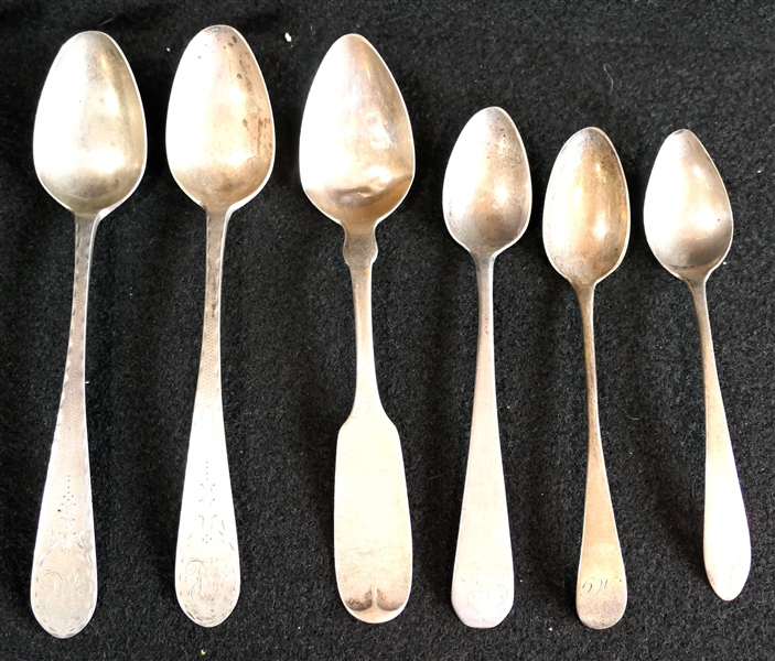 6 - Coin Silver Spoons including 2  Browne & Seal (Baltimore, MD 1810 - 1813), Radcliffe & Guignard (Columbia, SC 1856 - 1859), and 3 Others with Unknown Marks - 88.6 Grams Total Weight