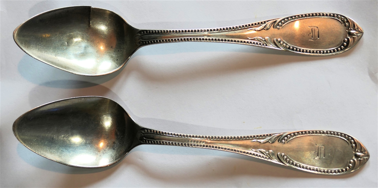 2 - John. H. Tyler & Co. Coin Silver Spoons  - Richmond, VA Silversmith 1840 - 1833 - Beaded Details with "D" Monogram - Each Measures 6" - One Spoon Has Split in Bowl - 