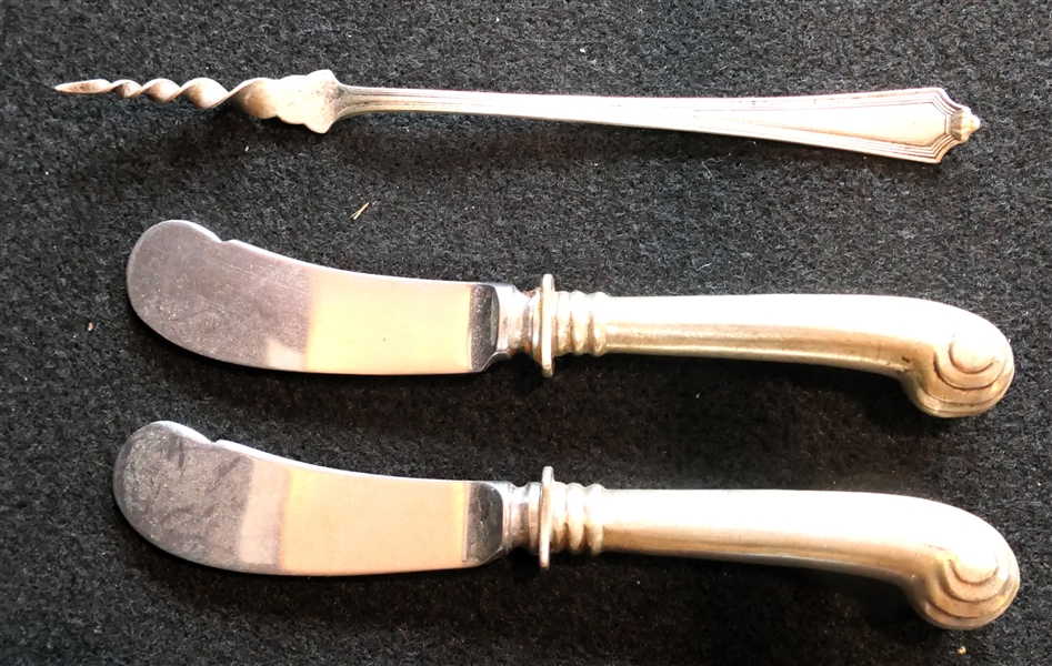 Gorham "Plymouth" Sterling Silver One Tine Butter Pick and 2 Sterling Silver Butter Knives