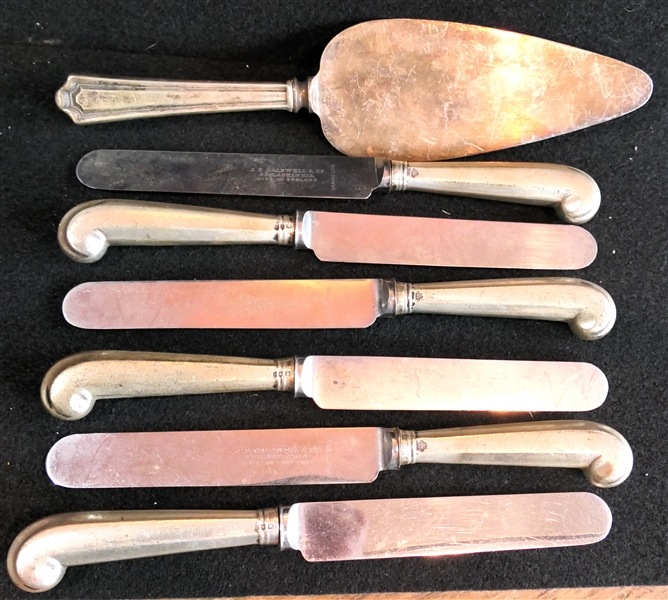 6 - J.E. Caldwell & Co. Philadelphia - Made in England - Dinner Knives with Hallmarked Sterling Silver Handles and Sterling Handled Pie Server 