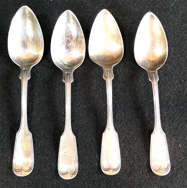 4 - Bigelow & Brothers Coin Silver Fiddle Handle Spoons - Monogrammed "R" - Each Spoon Measures 5 3/4"  Long - 85 Grams Total Weight