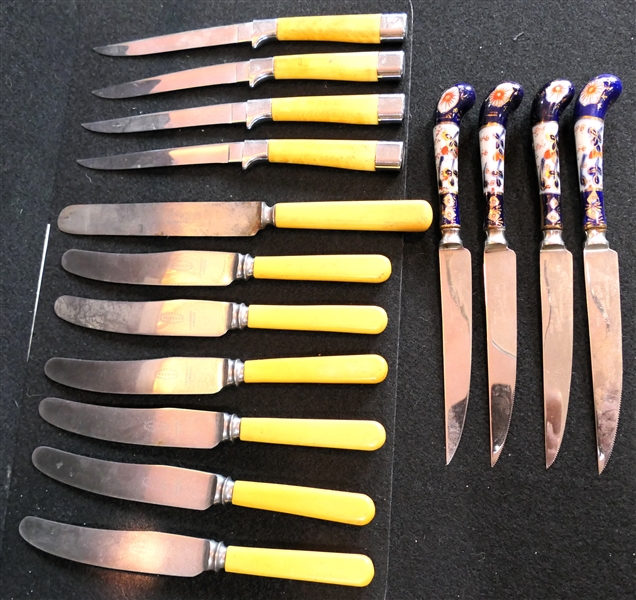 Collection of Dinner Knives - 4 Sheffield England with Blue and White Porcelain Handles, 6 Sheffield England "Razor Edge Walburn" with Celluloid Handles, and 4 Carvel Hall Knives