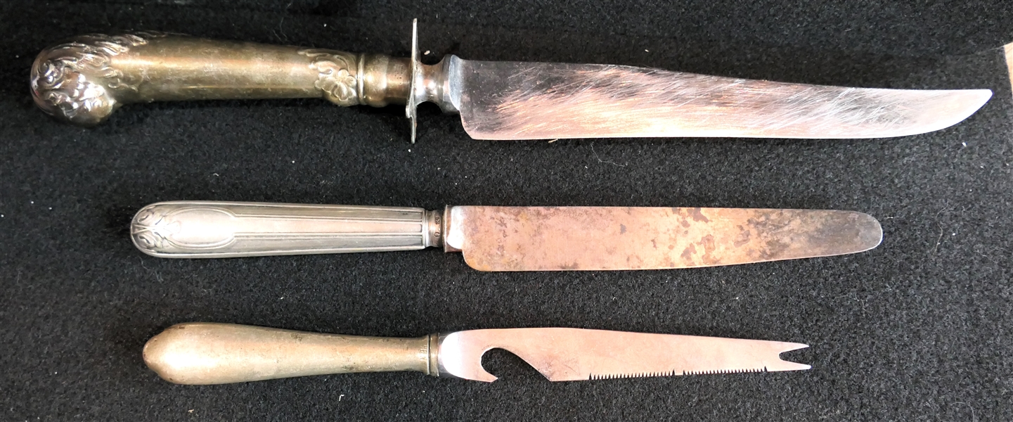 3 Sterling Silver Handled Knives - Very Large Carving Knife, Bar Knife, and Dinner Knife