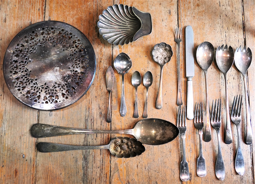 Collection of Antique Silverplate including Shell Bowl, English Serving Spoons, Fruit Spoons, A-1 Forks, and Silverplate Trivet