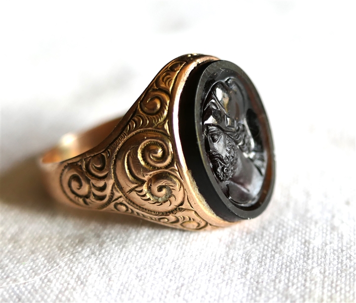 Nineteenth Century Signet Ring with Intaglio Stone - Scroll Engraved Setting - Marked with a Star - Size 8 - Weighs 6.3 Grams 