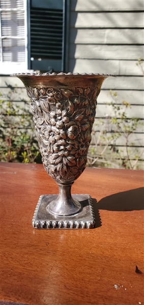 Hallmarked Silver Repousse Footed Vase - Monogramed "CC" - Hallmarked with An Anchor - Measures 5 1/2" Tall 