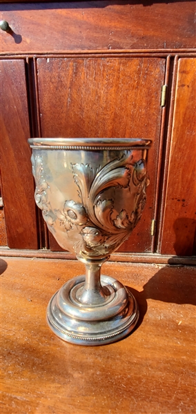 Silver Chalice with Repousse Flowers and Leaves - Hand Chased - Measures 5 5/8" Tall 