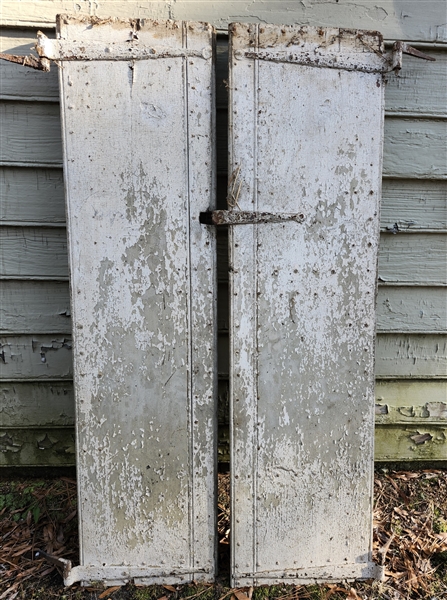 Pair of Eighteenth Century Strong Doors with Original Rattail Hinges -Reverse with Raised Panels -  Measuring Approx. 14" by 57" 