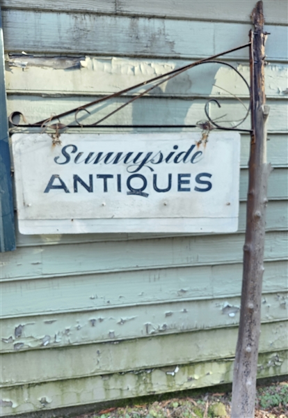 Sunnyside Antiques Sign with Bracket and Wood Log Post